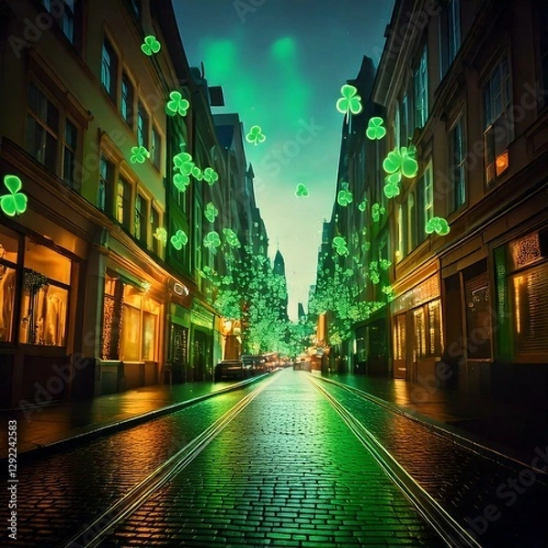 Obraz Generated image , evening view of the illuminated street during St. Patrick's Day, decorated with green clovers