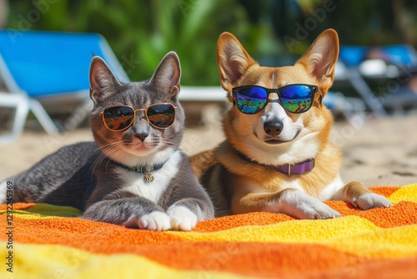 Fototapeta Cat and dog enjoying a summer holiday together, fun vacation vibes