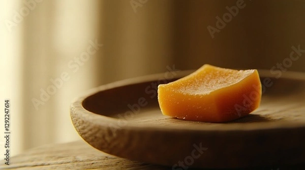 Fototapeta   Orange atop wooden bowl, near window with curtain backdrop