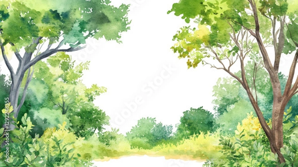 Obraz Forest watercolor rendering, verdant green creating organic border, transparent background inviting seamless design integration