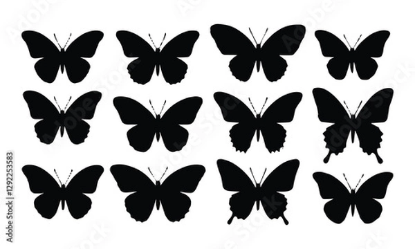 Fototapeta "Set of 16 Black Butterfly Silhouettes – Elegant Vector Illustration on Transparent Background"