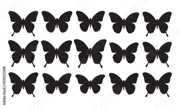 Fototapeta "Set of 16 Black Butterfly Silhouettes – Elegant Vector Illustration on Transparent Background"