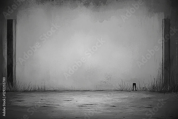 Fototapeta A desolate, monochrome landscape with two tall pillars and a solitary figure in the foreground