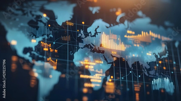 Fototapeta High-resolution image of financial graphs and charts overlaying a world map.