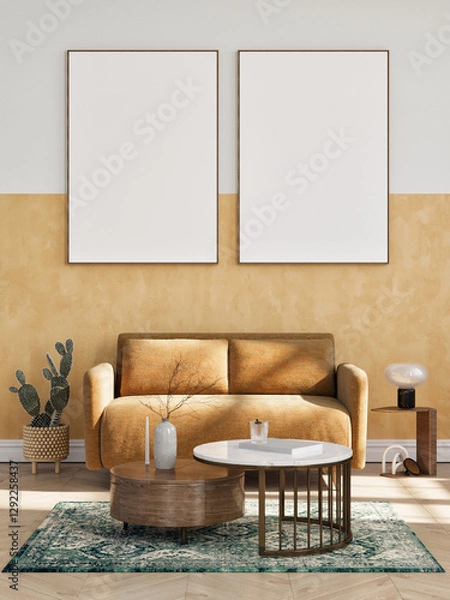 Obraz Stylish Scandinavian interior of living room with design yellow sofa, copy space and mock up poster, 3d illustration.