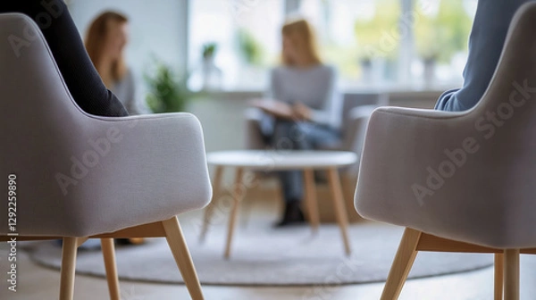 Fototapeta People sitting in chairs during a therapy or counseling session in a bright, modern room with a round table in the center