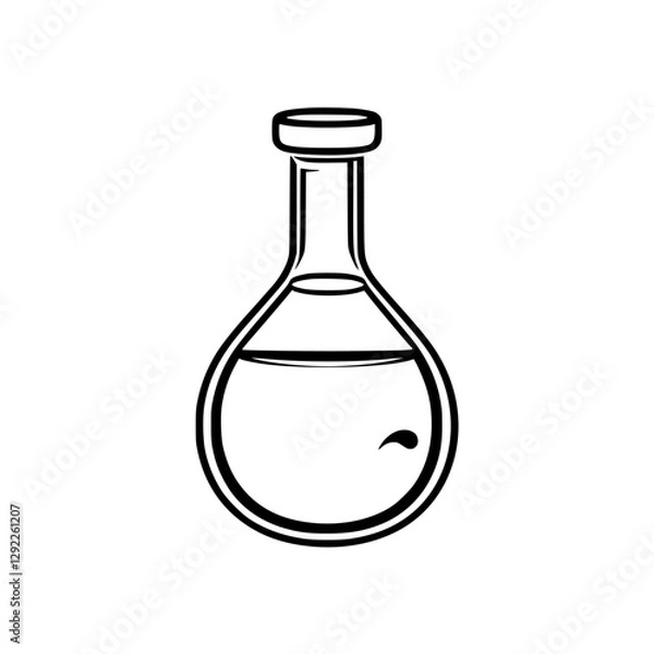 Fototapeta Flask with liquid, with a drop on the inside, black outline on white background.