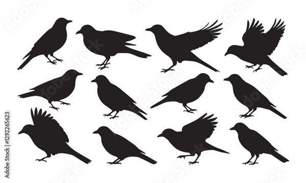 Fototapeta "Set of Black Bird Silhouettes – Vector Illustration of Perched and Flying Birds on White Background"