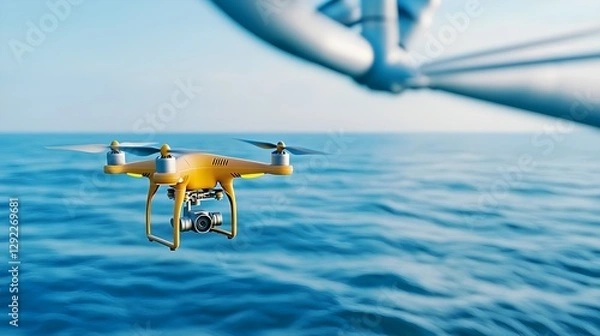 Fototapeta Aerial-View-of-a-Yellow-Drone-Flying-Over-Calm-Ocean-Waters-with-a-Background-of-Industrial-Structures-and-Clear-Blue-Sky