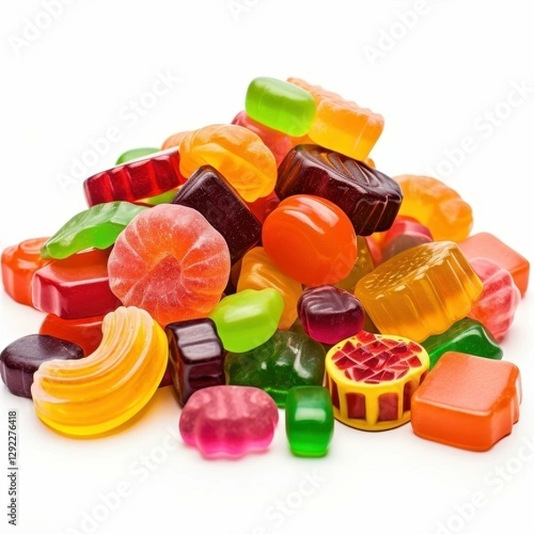 Fototapeta A vibrant array of assorted hard candies with unique shapes and flavors, set against a clean white background.