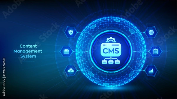 Fototapeta CMS. Content Management System concept. Website and document management, web development, and digital solutions. Data integration. 3D sphere with a hexagonal surface and CMS icon. Vector illustration.