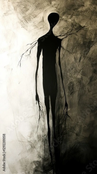 Obraz A tall, slender figure stands against a muted background, featuring long limbs that appear to extend into branch-like tendrils, evoking a sense of mystery and unease