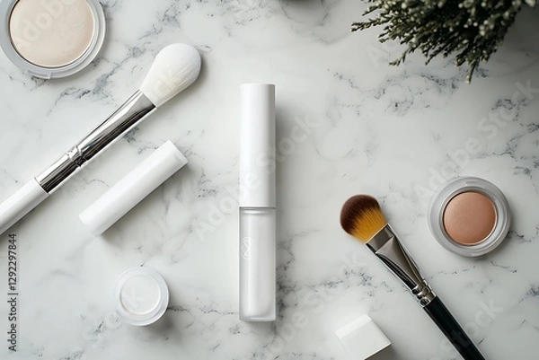 Obraz Makeup products displayed on a marble surface with beauty tools and cosmetics, ideal for beauty-themed flat lay compositions