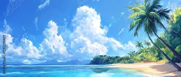 Fototapeta A panoramic view of the sky and clouds in a tropical setting.