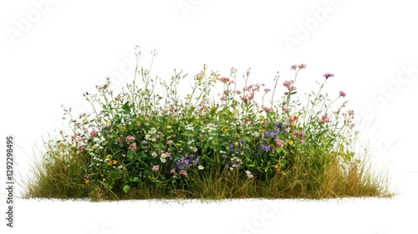 Obraz Cutout image of grass and colorful flowers isolated on transparent background, ideal for photo editing and graphic design
