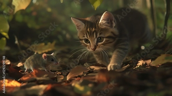 Fototapeta A curious cat stealthily stalking a small mouse on a bed of autumn leaves, surrounded by a serene forest environment, capturing the essence of nature's predator-prey dynamics and the changing