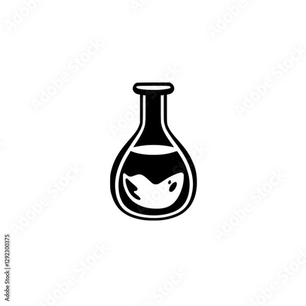 Fototapeta Black-and-white lab flask illustration, stylized with a flowing shape, half filled.