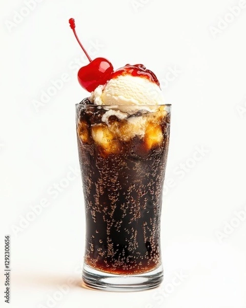 Fototapeta Delicious soda drink with ice cream and cherry on top in glass