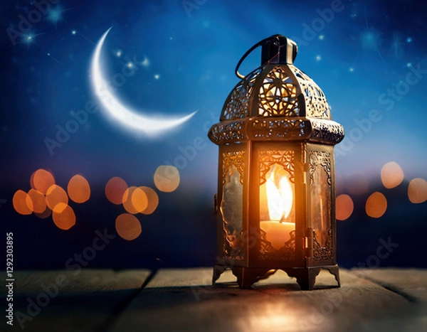 Fototapeta A beautifully ornate lantern glows warmly on a wooden surface under a starry night sky with a crescent moon, symbolizing the spirit of Ramadan Kareem and Happy Eid.