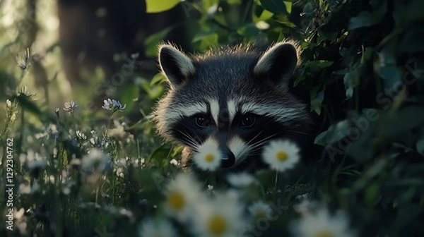 Fototapeta A raccoon peeking from behind lush greenery, surrounded by blooming daisies, emitting a curious and playful vibe during golden hour