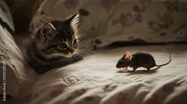 Fototapeta A curious striped kitten intently observing a tiny mouse on a soft, patterned bedspread, captured in a cozy indoor setting with warm lighting
