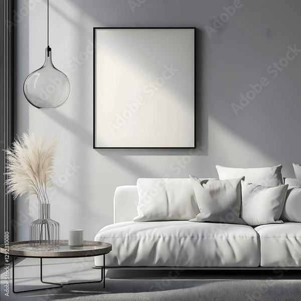Fototapeta 3D rendering a mockup of a blank picture frame on the wall in a smooth brutalism style interior with cold grey colored walls minimalistic decor and decoration n