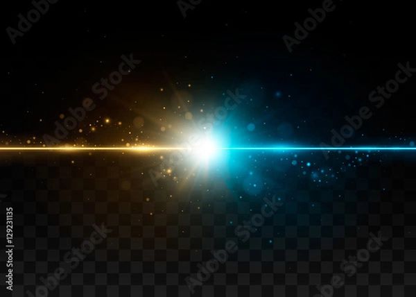 Fototapeta Collision of two forces with yellow and blue lights. Explosion concept. Isolated on black transparent background. Vector illustration, eps 10.