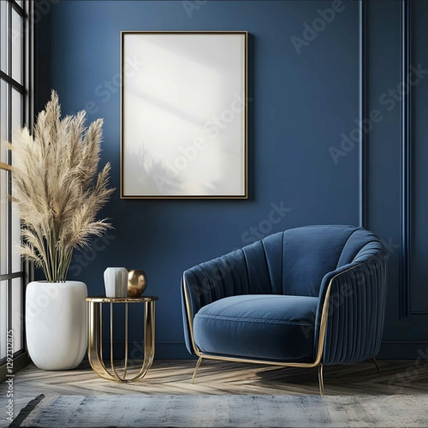 Fototapeta room art mock up in art deco style with clean lines and blue colors no art on blank wall architecture Remove art and canvas Blank empty walls
