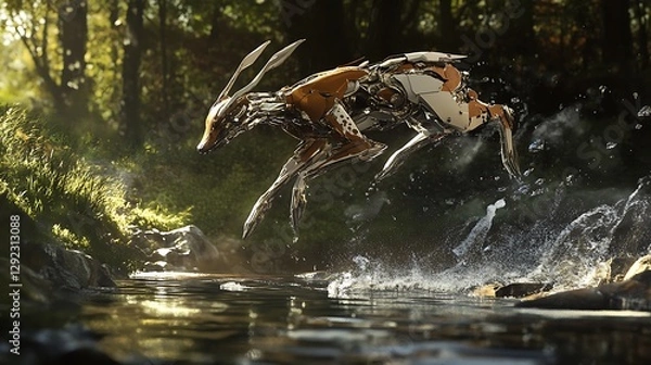 Fototapeta A stylized, digital artwork of an agile creature leaping gracefully over a sparkling stream surrounded by lush greenery and sunlight filtering through the trees