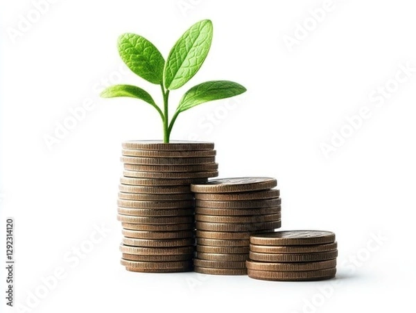 Fototapeta Financial Growth Concept: A Plant Sprouting from a Stack of Coins
