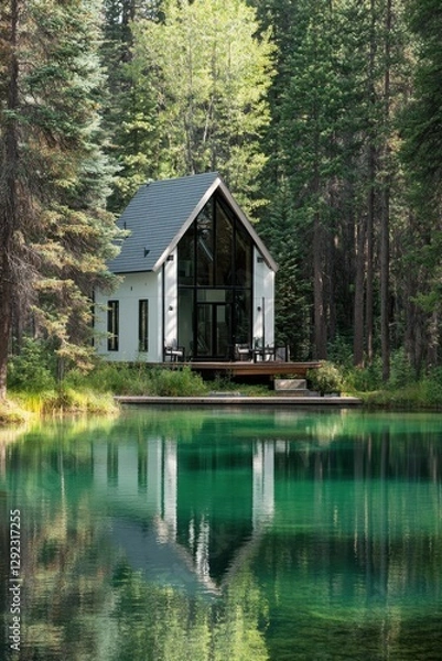 Obraz A peaceful, contemporary house is nestled by a calm lake, enveloped by vibrant green forests, all bathed in the warm glow of bright sunlight
