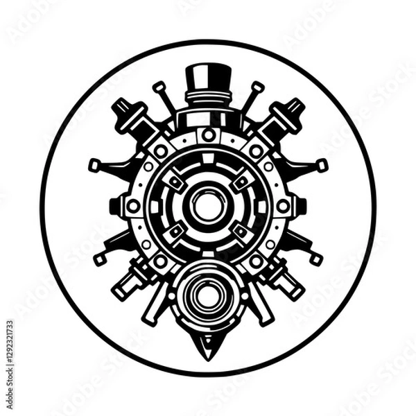 Fototapeta Intricate mechanical gear design with top hat, central aperture, and various protruding elements.