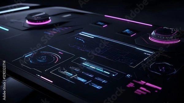 Fototapeta Futuristic control panel interface, technological display, glowing buttons