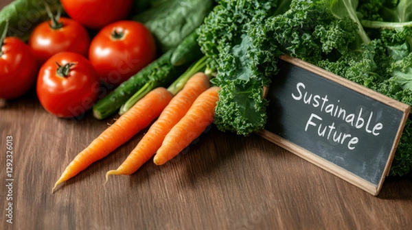 Fototapeta Vibrant flat lay with fresh produce highlighting sustainability and future concepts for design