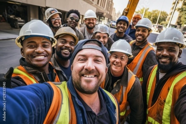 Fototapeta Smiling group of construction workers taking a selfie