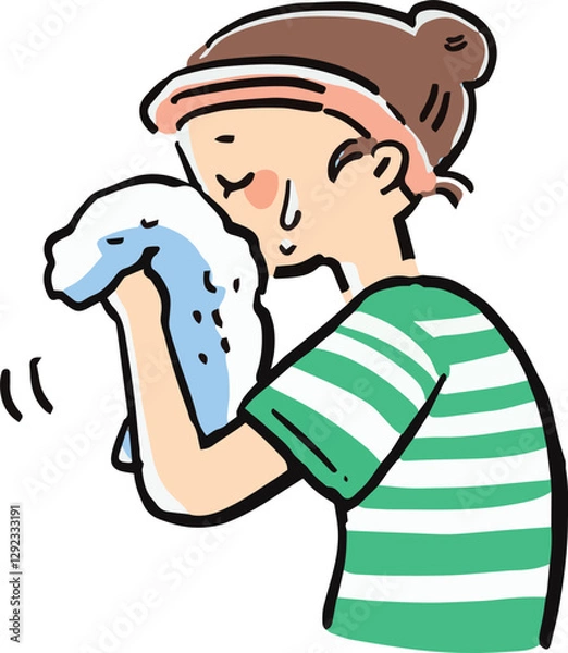 Obraz タオルで顔を拭く女性の手描き風イラスト