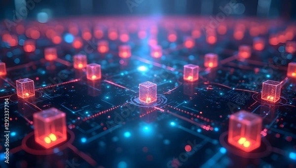 Obraz A glowing futuristic cube network with neon colors.	