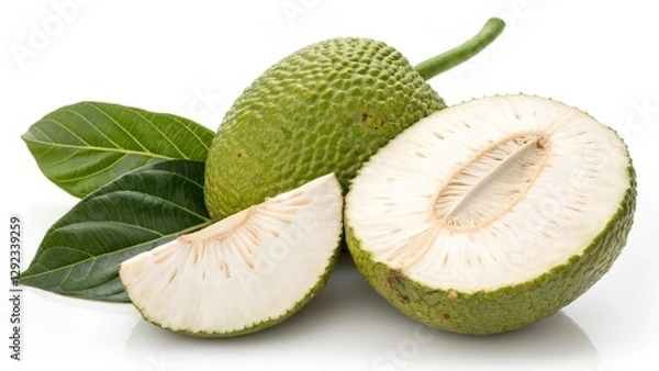 Obraz Breadfruit, sliced, leaves, white background