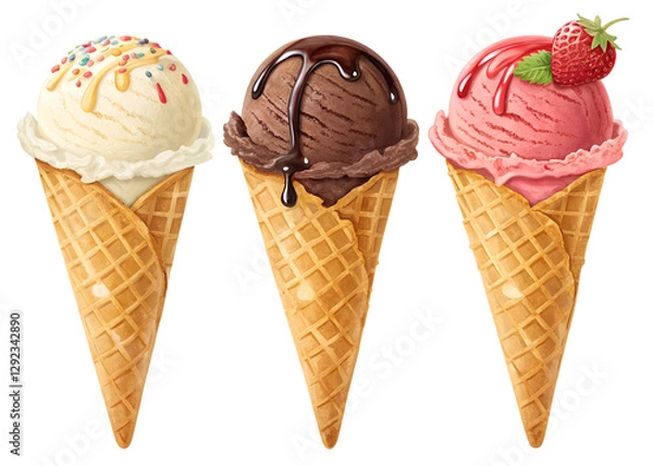 Fototapeta Various ice cream scoops in waffle cone isolated on transparent background for PNG