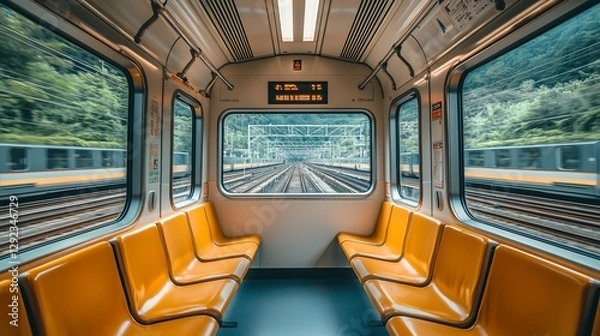 Obraz Empty subway car interior with mountain view.