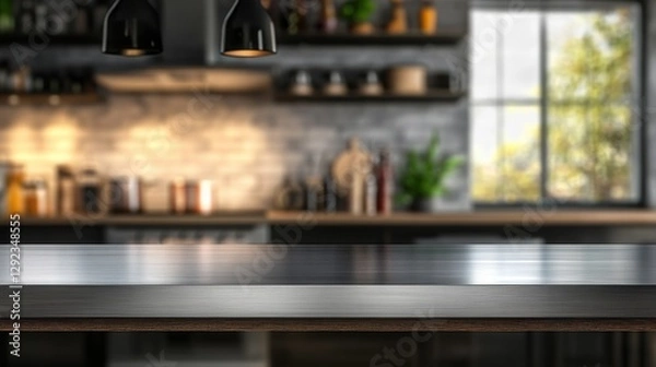 Fototapeta Steel table top with blurred empty kitchen background can be used for mocking up or display product to make advertising