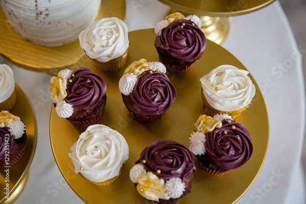 Fototapeta Elegant purple and white frosted cupcakes on gold display plates for wedding reception