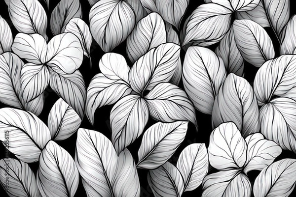 Fototapeta Intricate Line Art Tropical Leaves Seamless Pattern Elegant Aesthetic