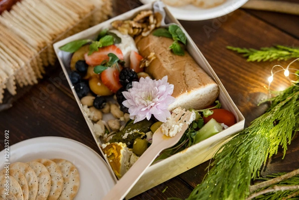 Obraz Charcuterie spread with Christmas decorations and lights