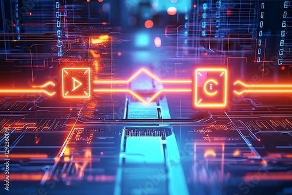 Obraz A conceptual illustration a secure data transfer, showing glowing arrows and encrypted symbols bridging two devices.