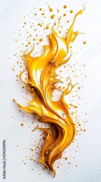 Fototapeta Golden liquid swirls and splashes against a white background, creating a dynamic and luxurious image.