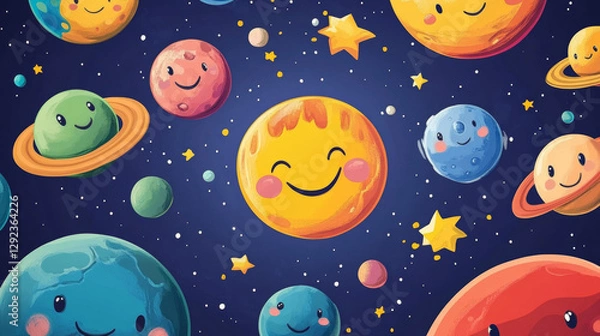 Fototapeta Earth, planets and asteroid characters with different emotions. Cute galaxy objects, funny cosmic globes smile, surprised and sad, vector cartoon set isolated on black background