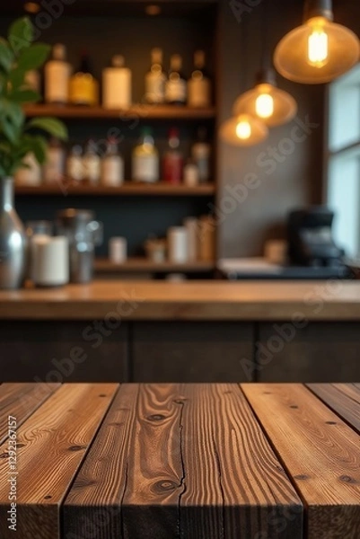 Obraz Rustic wood reception counter, blurred restaurant backdrop, setting, texture