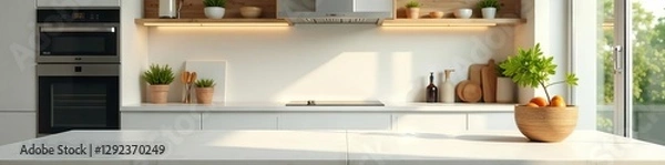 Fototapeta Bright kitchen with empty countertop desk area, space, minimal