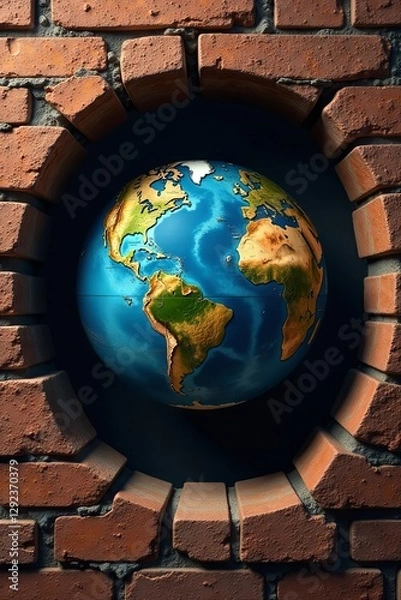 Obraz Cracked brick walls framing a spinning terrestrial globe , building, old